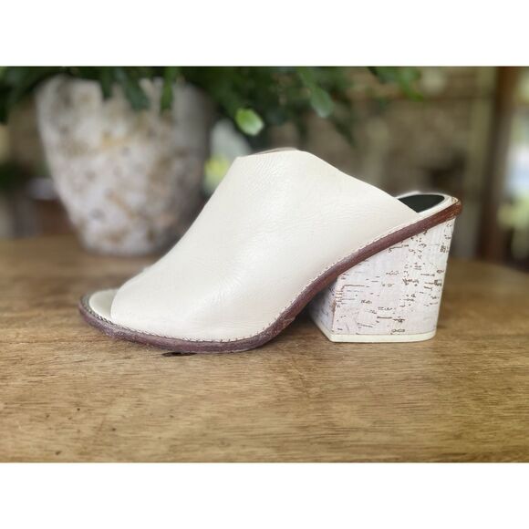 Tibi White Leather Open Toe Mules Cork Block Heel Sandals Size 39 US 8.5 - Picture 1 of 8